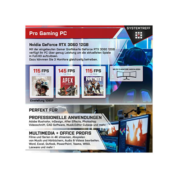 SYSTEMTREFF Gaming PC AMD Ryzen 7 5800X 8x4.7GHz | Nvidia GeForce RTX 3060 12 GB DX12 | 1TB M.2 NVMe + 2TB HDD | 32GB DDR4 RAM | WLAN Desktop Computer Rechner für Gamer, Zocker& Streamer