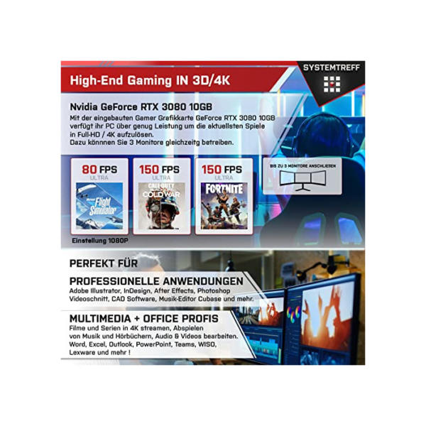 SYSTEMTREFF® High-End Gaming PC Intel Core i7-11700K 8x5GHz | Nvidia GeForce RTX 3080 10GB DX12 | 1TB M.2 NVMe + 1TB HDD | 16GB DDR4 RAM | WLAN Desktop Computer Rechner für Gamer, Zocker & Streamer