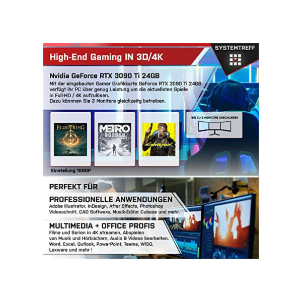 SYSTEMTREFF® High-End Gaming PC AMD Ryzen 9 5900X 12x4.8GHz | Nvidia GeForce RTX 4090 24GB DX12 | 1TB M.2 NVMe + 2TB HDD | 32GB DDR4 RAM | WLAN Desktop Computer Rechner für Gamer, Zocker & Streamer