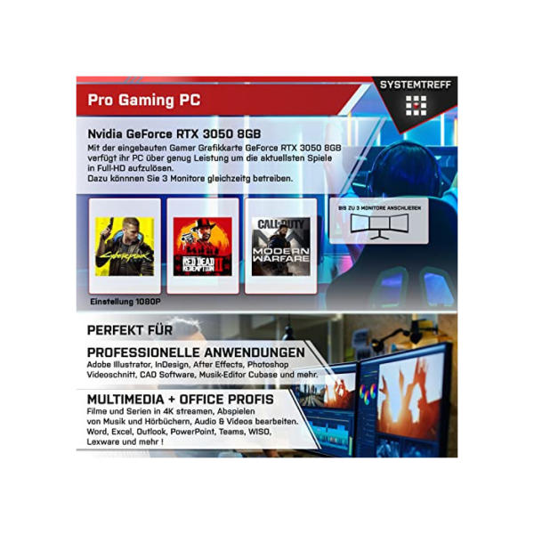 SYSTEMTREFF® Gaming PC AMD Ryzen 5 4500 6x4.1GHz | Nvidia RTX 3050 8GB DX12 | 512GB M.2 NVMe + 1TB HDD | 16GB DDR4 RAM | WLAN Desktop Computer Rechner für Gamer, Zocker & Streamer