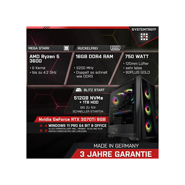 SYSTEMTREFF® PC System AMD Ryzen 5 3600 6x4.2GHz | Nvidia GeForce RTX 3070 Ti 8GB DX12 | 512GB M.2 NVMe + 1TB HDD | 16GB DDR4 RAM | WLAN Silent Desktop Computer Rechner für Büro Business Multimedia