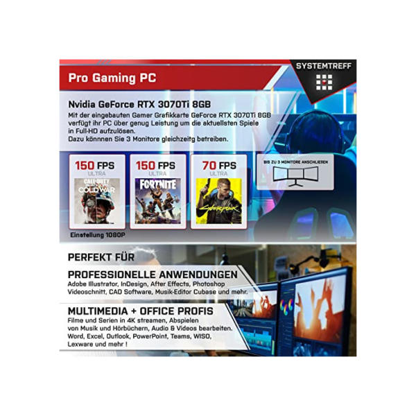 SYSTEMTREFF® PC System AMD Ryzen 5 3600 6x4.2GHz | Nvidia GeForce RTX 3070 Ti 8GB DX12 | 512GB M.2 NVMe + 1TB HDD | 16GB DDR4 RAM | WLAN Silent Desktop Computer Rechner für Büro Business Multimedia