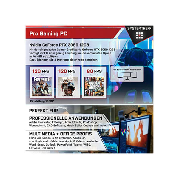 SYSTEMTREFF® Gaming PC AMD Ryzen 5 5600 6x4.4GHz | Nvidia GeForce RTX 3060 8 GB DX12 | 512GB M.2 NVMe + 1TB HDD | 16GB DDR4 RAM | Windows 11 | Desktop Computer Rechner für Gamer, Zocker & Streamer