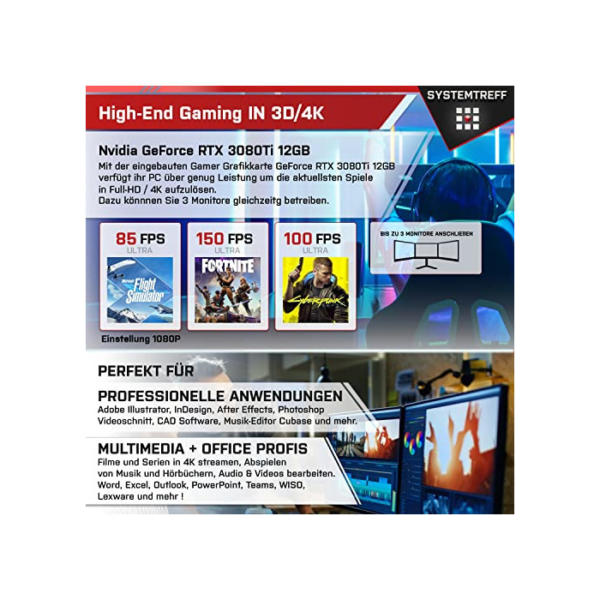 SYSTEMTREFF High-End Gaming PC AMD Ryzen 9 5900X 12x4.8GHz | Nvidia GeForce RTX 4080 16GB DX12 | 1TB M.2 NVMe + 1TB HDD | 32GB DDR4 RAM | WLAN Desktop Computer Rechner für Gamer, Zocker & Streamer