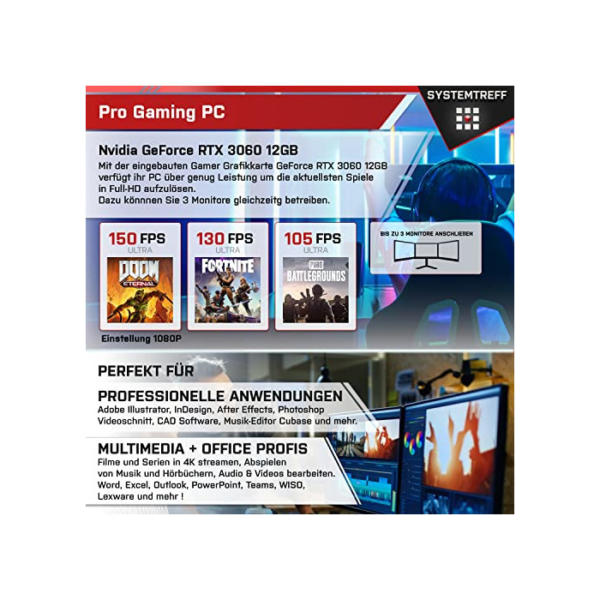 SYSTEMTREFF® Gaming PC AMD Ryzen 5 5500 6x4.2GHz | Nvidia GeForce RTX 3060 8 GB DX12 | 512GB M.2 NVMe + 1TB HDD | 32GB DDR4 RAM | WLAN Desktop Computer Rechner für Gamer, Zocker & Streamer