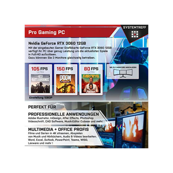 SYSTEMTREFF® Gaming PC AMD Ryzen 5 5600 6x4.4GHz | Nvidia GeForce RTX 3060 8 GB DX12 | 512GB M.2 NVMe + 1TB HDD | 32GB DDR4 RAM | Windows 11 | Desktop Computer Rechner für Gamer, Zocker & Streamer