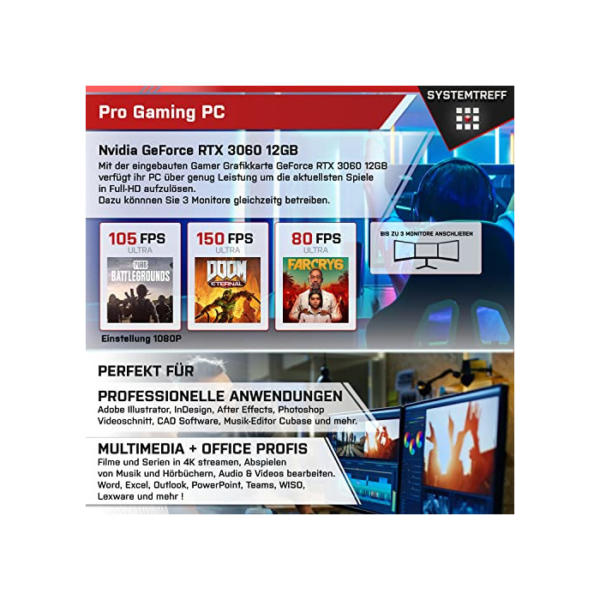 SYSTEMTREFF Basic Gaming PC AMD Ryzen 5 5600 6x4.4GHz | Nvidia GeForce RTX 3060 8 GB DX12 | 512GB M.2 NVMe + 1TB HDD | 32GB DDR4 RAM | WLAN Desktop Computer Rechner für Gamer, Zocker & Streamer