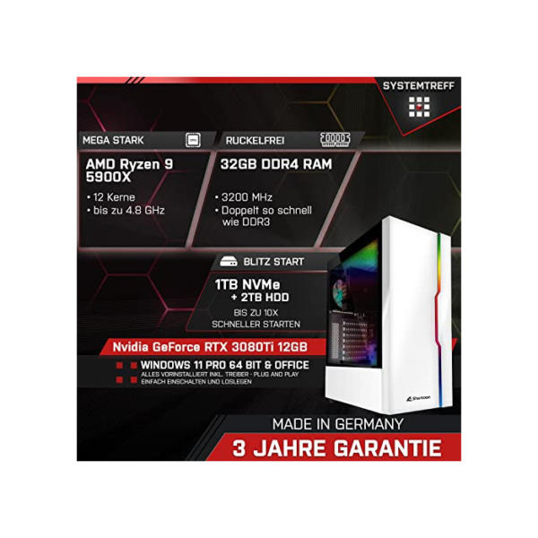 SYSTEMTREFF® High-End Gaming PC AMD Ryzen 9 5950X 16x4.9GHz | Nvidia GeForce RTX 4080 16GB DX12 | 1TB M.2 NVMe + 2TB HDD | 32GB DDR4 RAM | WLAN Desktop Computer Rechner für Gamer, Zocker & Streamer