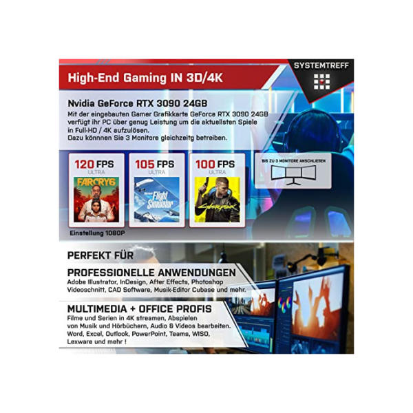 SYSTEMTREFF® High-End Gaming PC Intel Core i7-11700K 8x5GHz | Nvidia GeForce RTX 3080 10GB | 1TB M.2 NVMe + 1TB HDD | 32GB DDR4 RAM | Windows 11 | Desktop Computer Rechner für Gamer, Zocker & Streamer