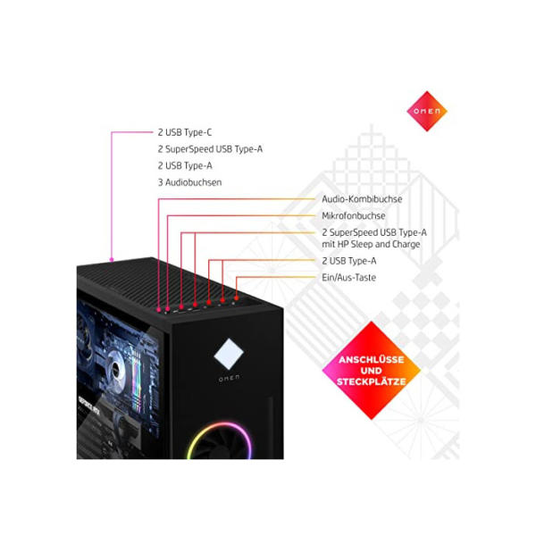 OMEN Gaming PC | AMD Ryzen 7 5800X | 16 GB DDR4 RAM | 512 GB HDD + 1TB SSD | NVIDIA GeForce RTX 3060 Ti | Windows 11 Home | schwarz | Seitenfenster | RGB-Lüfter | Flüssigkeitskühlung
