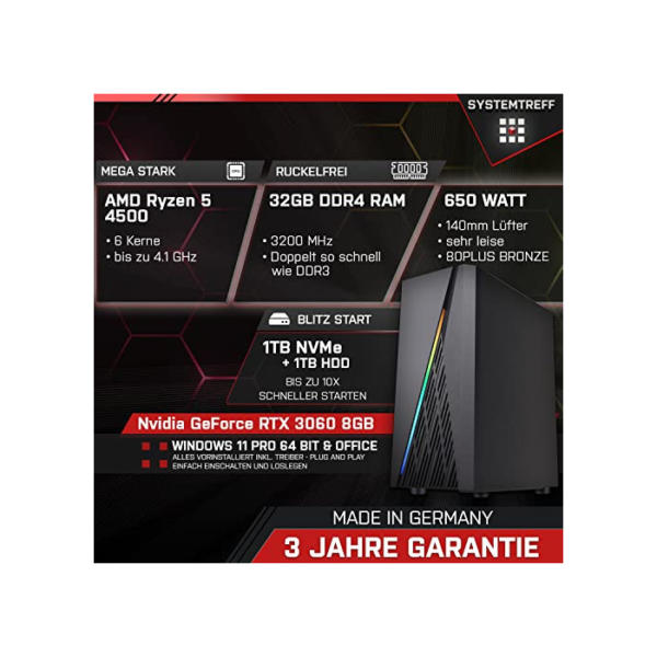 SYSTEMTREFF Basic Gaming PC AMD Ryzen 5 4500 6x4.1GHz | Nvidia GeForce RTX 3060 8 GB DX12 | 1TB M.2 NVMe + 1TB HDD | 32GB DDR4 RAM | WLAN Desktop Computer Rechner für Gamer, Zocker & Streamer