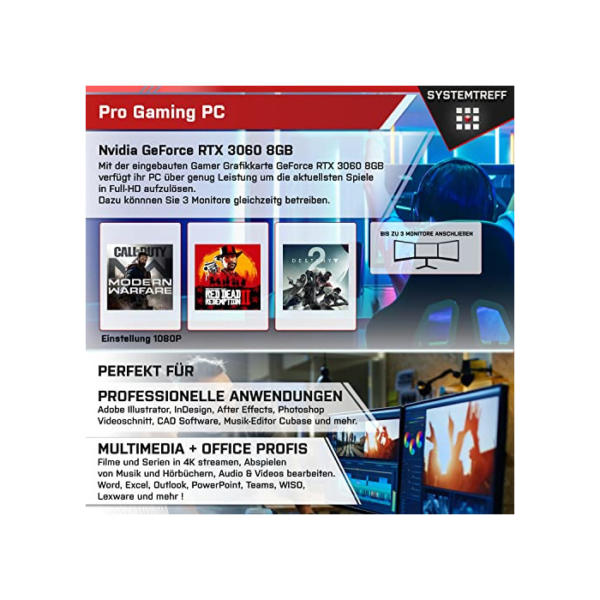 SYSTEMTREFF Basic Gaming PC AMD Ryzen 5 4500 6x4.1GHz | Nvidia GeForce RTX 3060 8 GB DX12 | 1TB M.2 NVMe + 1TB HDD | 32GB DDR4 RAM | WLAN Desktop Computer Rechner für Gamer, Zocker & Streamer