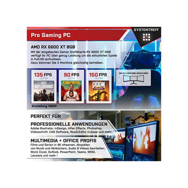 SYSTEMTREFF® Gaming PC AMD Ryzen 7 5800X 8x4.7GHz | AMD Radeon RX 6650 XT DX12 | 512GB M.2 NVMe + 1TB HDD | 16GB DDR4 RAM | WLAN Desktop Computer Rechner für Gamer, Zocker & Streamer