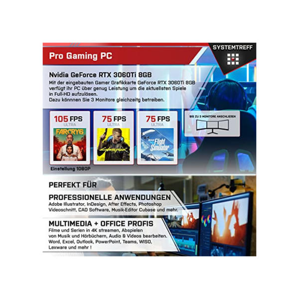 SYSTEMTREFF® Gaming PC Intel Core i9-11900KF 8x5.3GHz | Nvidia GeForce RTX 3060Ti 8GB DX12 | 1TB M.2 NVMe + 1TB HDD | 32GB DDR4 RAM | WLAN Desktop Computer Rechner für Gamer, Zocker & Streamer