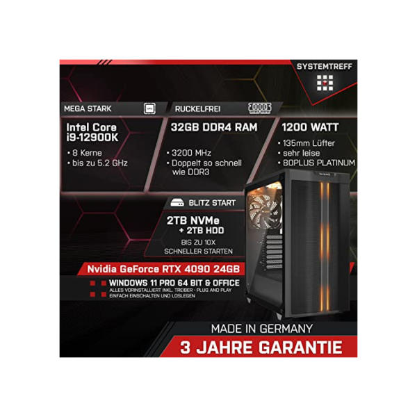SYSTEMTREFF High-End Gaming PC Intel Core i9-12900K 16x5.2GHz | Nvidia GeForce RTX 4090 24GB DX12 | 2TB M.2 NVMe + 2TB HDD | 32GB DDR5 RAM | WLAN Desktop Computer Rechner für Gamer, Zocker & Streamer