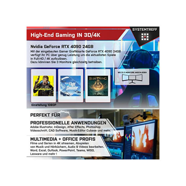 SYSTEMTREFF High-End Gaming PC Intel Core i9-12900K 16x5.2GHz | Nvidia GeForce RTX 4090 24GB DX12 | 2TB M.2 NVMe + 2TB HDD | 32GB DDR5 RAM | WLAN Desktop Computer Rechner für Gamer, Zocker & Streamer