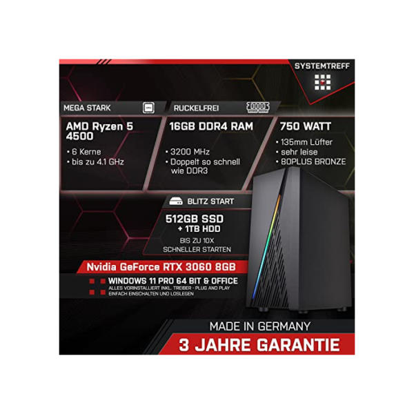 SYSTEMTREFF® Gaming PC AMD Ryzen 5 4500 6x4.1GHz | Nvidia GeForce RTX 3060 8 GB DX12 | 512GB SSD + 1TB HDD | 16GB DDR4 RAM | WLAN Desktop Computer Rechner für Gamer, Zocker & Streamer