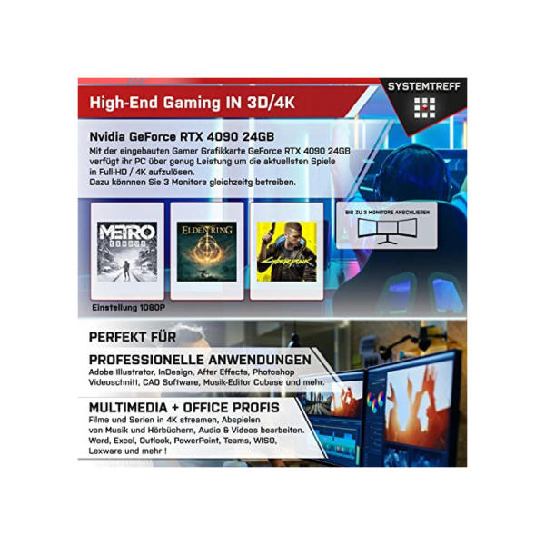 SYSTEMTREFF High-End Gaming PC AMD Ryzen 9 5950X 16x4.9GHz | Nvidia GeForce RTX 4090 24GB DX12 | 1TB M.2 NVMe + 2TB HDD | 32GB DDR4 RAM | WLAN Desktop Computer Rechner für Gamer, Zocker & Streamer
