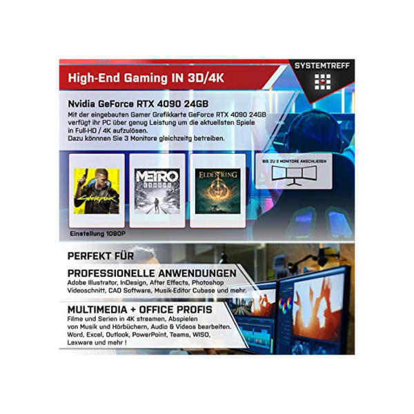 SYSTEMTREFF® High-End Gaming PC AMD Ryzen 9 5900X 12x4.8GHz | Nvidia GeForce RTX 4090 24GB DX12 | 2TB M.2 NVMe + 2TB HDD | 32GB DDR4 RAM | WLAN Desktop Computer Rechner für Gamer, Zocker & Streamer