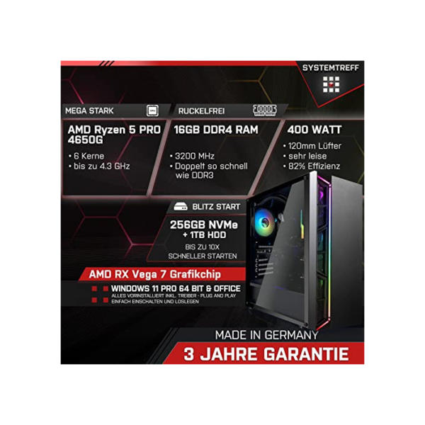 SYSTEMTREFF® Basic Gaming PC AMD Ryzen 5 PRO 4650G 6x4.3GHz | AMD RX Vega 7 4K HDMI DX12 | 256GB M.2 NVMe + 1TB HDD | 16GB DDR4 RAM | WLAN Desktop Computer Rechner für Gamer, Zocker