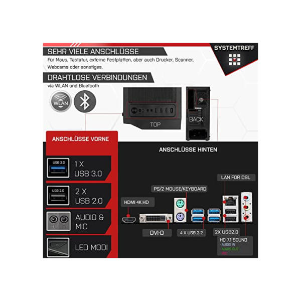 SYSTEMTREFF® Basic Gaming PC AMD Ryzen 5 PRO 4650G 6x4.3GHz | AMD RX Vega 7 4K HDMI DX12 | 256GB M.2 NVMe + 1TB HDD | 16GB DDR4 RAM | WLAN Desktop Computer Rechner für Gamer, Zocker