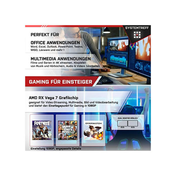 SYSTEMTREFF® Basic Gaming PC AMD Ryzen 5 PRO 4650G 6x4.3GHz | AMD RX Vega 7 4K HDMI DX12 | 256GB M.2 NVMe + 1TB HDD | 16GB DDR4 RAM | WLAN Desktop Computer Rechner für Gamer, Zocker