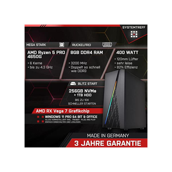 SYSTEMTREFF® Basic Gaming PC AMD Ryzen 5 PRO 4650G 6x4.3GHz | AMD RX Vega 7 4K HDMI DX12 | 256GB M.2 NVMe + 1TB HDD | 8GB DDR4 RAM | WLAN Desktop Computer Rechner für Gamer, Zocker