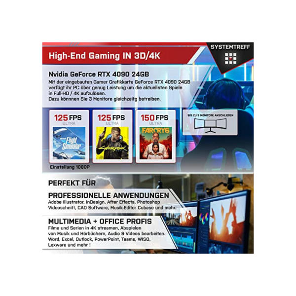 SYSTEMTREFF® High-End Gaming PC Intel Core i9-12900F 16x5.2GHz | Nvidia GeForce RTX 4090 24GB DX12 | 2TB M.2 NVMe + 2TB HDD | 32GB DDR5 RAM | WLAN Desktop Computer Rechner für Gamer, Zocker & Streamer