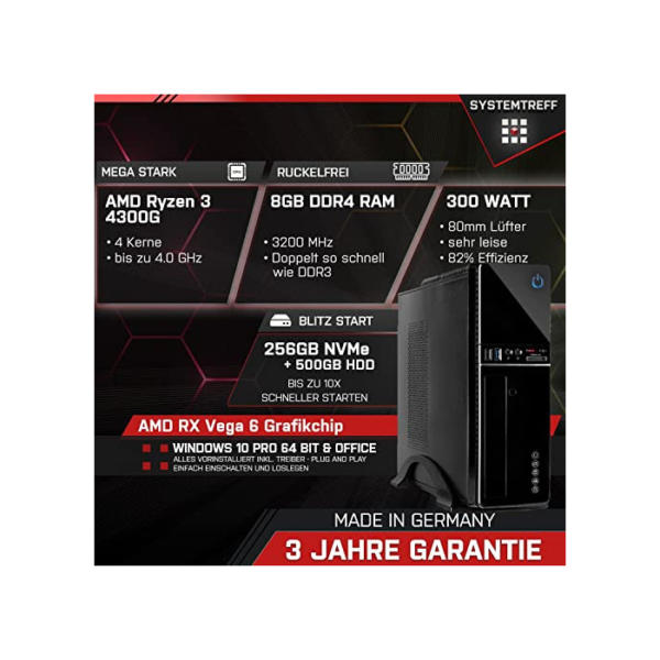SYSTEMTREFF® Mini Office PC AMD Ryzen 3 4300G 4x4GHz | AMD RX Vega 6 4K HDMI DX12 | 256GB M.2 NVMe + 500GB HDD | 8GB DDR4 RAM | WLAN Silent Desktop Computer Rechner für Büro Business Multimedia