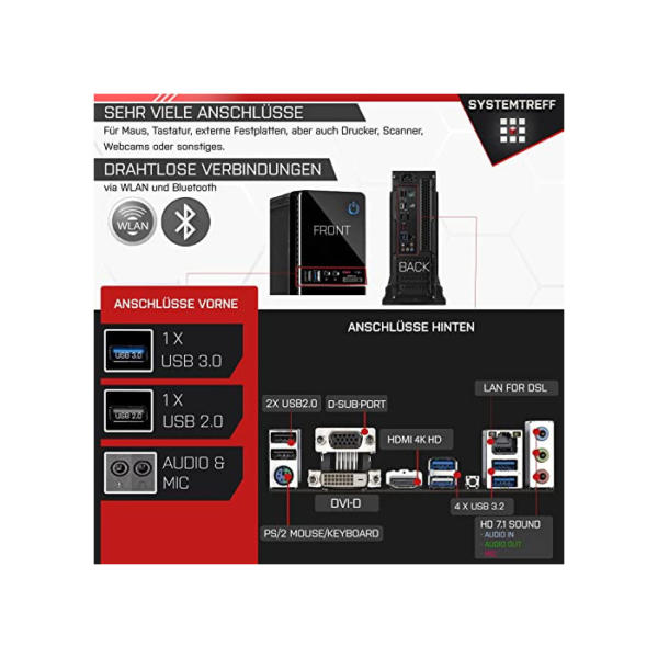 SYSTEMTREFF® Mini Office PC AMD Ryzen 3 4300G 4x4GHz | AMD RX Vega 6 4K HDMI DX12 | 256GB M.2 NVMe + 500GB HDD | 8GB DDR4 RAM | WLAN Silent Desktop Computer Rechner für Büro Business Multimedia