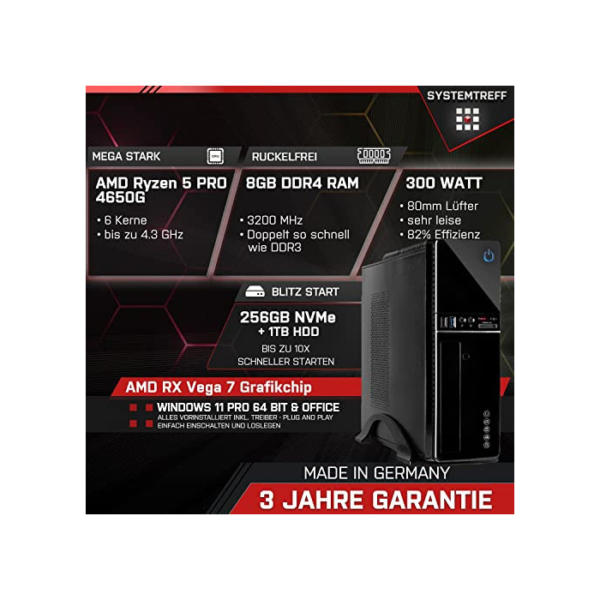 SYSTEMTREFF® Mini Office PC AMD Ryzen 5 PRO 4650G 6x4.3GHz | AMD RX Vega 7 4K HDMI DX12 | 256GB M.2 NVMe + 1TB HDD | 8GB DDR4 RAM | WLAN Silent Desktop Computer Rechner für Büro Business Multimedia
