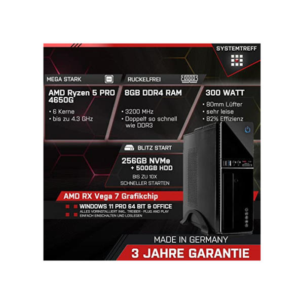 SYSTEMTREFF® Office Komplett PC Set AMD Ryzen 5 PRO 4650G 6x4.3GHz | AMD RX Vega 7 4K | 256GB M.2 NVMe + 500GB HDD | 8GB DDR4 RAM | Silent Desktop Paket Computer Rechner für Büro Business Multimedia