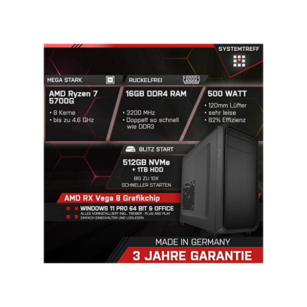 SYSTEMTREFF Office Komplett PC Set AMD Ryzen 7 5700G 8x4.6GHz | AMD Radeon RX Vega 8 4K | 512GB M.2 NVMe + 1TB HDD | 16GB DDR4 RAM | Silent Desktop Paket Computer Rechner für Büro Business Multimedia