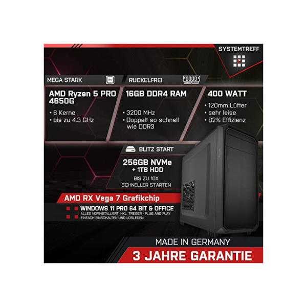 SYSTEMTREFF Office PC AMD Ryzen 5 PRO 4650G 6x4.2GHz | AMD RX Vega 7 4K HDMI DX12 | 256GB M.2 NVMe + 1TB HDD | 16GB DDR4 RAM | WLAN Silent Desktop Computer Rechner für Büro Business Multimedia