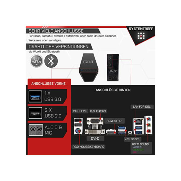 SYSTEMTREFF Office PC AMD Ryzen 5 PRO 4650G 6x4.2GHz | AMD RX Vega 7 4K HDMI DX12 | 256GB M.2 NVMe + 1TB HDD | 16GB DDR4 RAM | WLAN Silent Desktop Computer Rechner für Büro Business Multimedia