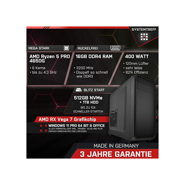 SYSTEMTREFF® PC System AMD Ryzen 5 PRO 4650G 6x4.3GHz | AMD RX Vega 7 4K HDMI DX12 | 512GB M.2 NVMe + 1TB HDD | 16GB DDR4 RAM | WLAN Silent Desktop Computer Rechner für Büro Business Multimedia