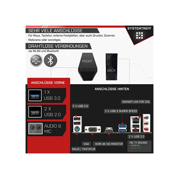 SYSTEMTREFF® Office Komplett PC Set Intel Core i7-10700KF 8x3.8GHz | Nvidia Geforce GT 710 2GB | 256GB M.2 NVMe + 1TB HDD | 8GB DDR4 RAM | Desktop Paket Computer Rechner für Büro Business Multimedia