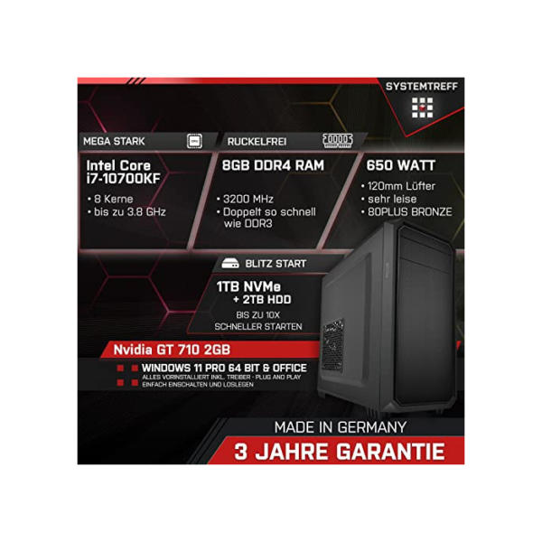 SYSTEMTREFF® PC System Intel Core i7-10700KF 8x3.8GHz | Nvidia Geforce GT 710 2GB DX12 | 1TB M.2 NVMe + 2TB HDD | 8GB DDR4 RAM | WLAN Silent Desktop Computer Rechner für Büro Business Multimedia