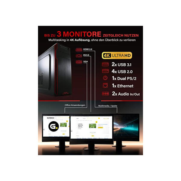Greed® Ultra V2 PC mit AMD Ryzen 7 5700G - Schneller Rechner + Computer für Büro & Home Office mit 4,6 GHZ, 32GB RAM/Arbeitsspeicher - 1TB SSD + 1TB HDD - DVD+RW - USB3.1 - WLAN, inkl Windows 11 Pro Ultra | V2 AMD