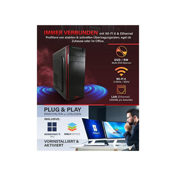 Greed® Ultra V2 PC mit AMD Ryzen 7 5700G - Schneller Rechner + Computer für Büro & Home Office mit 4,6 GHZ, 32GB RAM/Arbeitsspeicher - 1TB SSD + 1TB HDD - DVD+RW - USB3.1 - WLAN, inkl Windows 11 Pro Ultra | V2 AMD