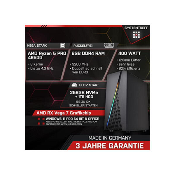 SYSTEMTREFF Basic Gaming Komplett PC Set AMD Ryzen 5 PRO 4650G 6x4.3GHz | AMD RX Vega 7 4K HDMI DX12 | 256GB M.2 NVMe + 1TB HDD | 8GB DDR4 RAM | WLAN Desktop Paket Computer für Gamer, Gaming