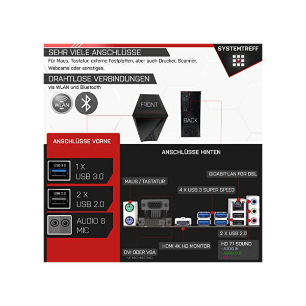 SYSTEMTREFF Basic Gaming Komplett PC Set AMD Ryzen 5 PRO 4650G 6x4.3GHz | AMD RX Vega 7 4K HDMI DX12 | 256GB M.2 NVMe + 1TB HDD | 8GB DDR4 RAM | WLAN Desktop Paket Computer für Gamer, Gaming