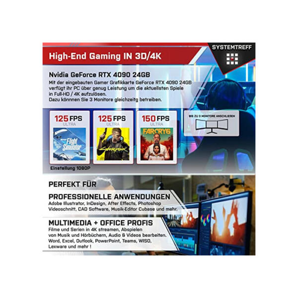 SYSTEMTREFF Gaming Komplett PC Set Intel Core i9-12900F 16x5.1GHz | Nvidia GeForce RTX 4090 24GB DX12 | 2TB M.2 NVMe + 2TB HDD | 32GB DDR5 RAM | WLAN Desktop Paket Computer für Gamer, Gaming