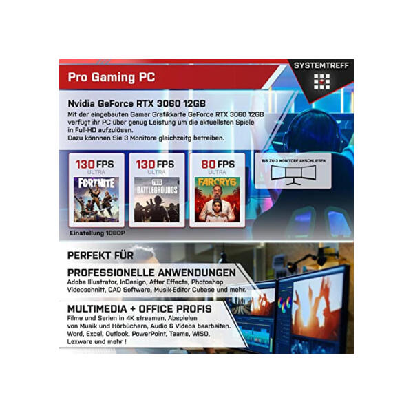 SYSTEMTREFF Gaming PC AMD Ryzen 7 5700X 8x4.6GHz | Nvidia GeForce RTX 3060 12 GB DX12 | 1TB M.2 NVMe + 1TB HDD | 32GB DDR4 RAM | WLAN Desktop Computer Rechner für Gamer, Zocker & Streamer