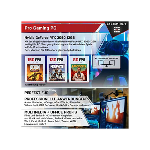 SYSTEMTREFF® Gaming PC Intel Core i7-10700KF 8x3.8GHz | Nvidia GeForce RTX 3060 12 GB DX12 | 1TB M.2 NVMe + 1TB HDD | 32GB DDR4 RAM | WLAN Desktop Computer Rechner für Gamer, Zocker & Streamer