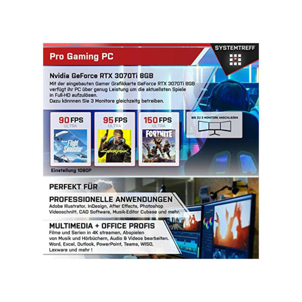 SYSTEMTREFF High-End Gaming PC Intel Core i9-12900K 16x5.2GHz | Nvidia GeForce RTX 3070 Ti 8GB DX12 | 1TB M.2 NVMe + 1TB HDD | 32GB DDR5 RAM | Desktop Computer Rechner für Gamer, Zocker & Streamer