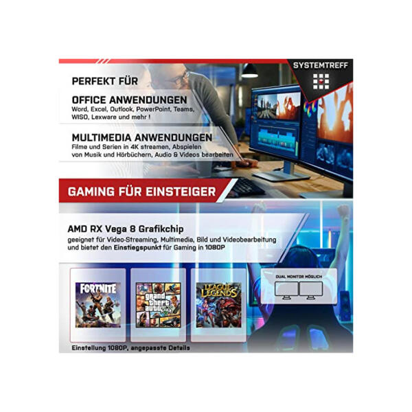 SYSTEMTREFF Basic Gaming PC AMD Ryzen 7 5700G 8x4.6GHz | AMD Radeon RX Vega 8 4K HDMI DX12 | 512GB M.2 NVMe + 2TB HDD | 16GB DDR4 RAM | WLAN Desktop Computer Rechner für Gamer, Zocker