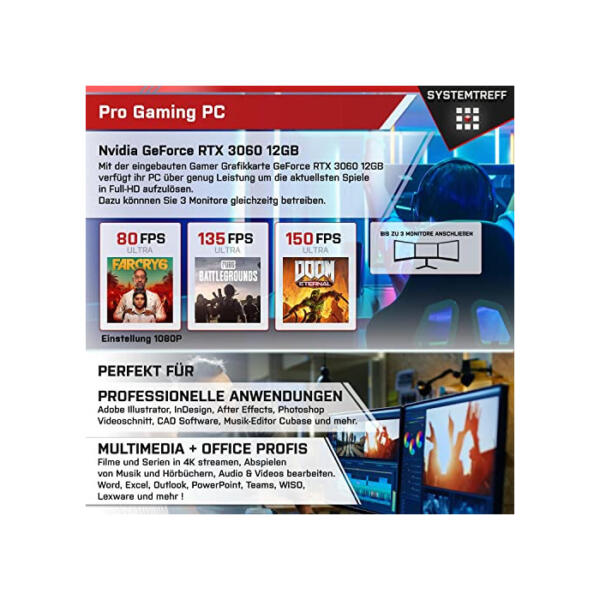 SYSTEMTREFF Gaming PC AMD Ryzen 7 5800X 8x4.7GHz | Nvidia GeForce RTX 3060 12 GB DX12 | 1TB M.2 NVMe + 1TB HDD | 32GB DDR4 RAM | WLAN Desktop Computer Rechner für Gamer, Zocker & Streamer