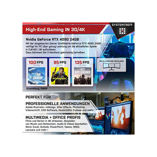 SYSTEMTREFF® High-End Gaming PC AMD Ryzen 7 5800X3D 8x4.5GHz | Nvidia GeForce RTX 4090 24GB DX12 | 1TB M.2 NVMe + 1TB HDD | 32GB DDR4 RAM | WLAN Desktop Computer Rechner für Gamer, Zocker & Streamer