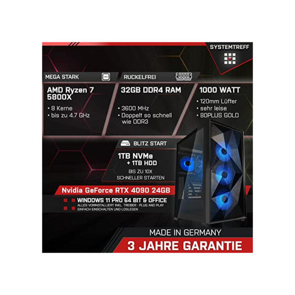 SYSTEMTREFF® High-End Gaming PC AMD Ryzen 7 5800X 8x4.7GHz | Nvidia GeForce RTX 4090 24GB DX12 | 1TB M.2 NVMe + 1TB HDD | 32GB DDR4 RAM | WLAN Desktop Computer Rechner für Gamer, Zocker & Streamer